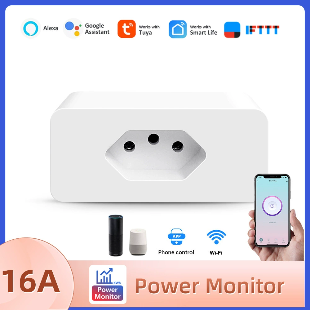 Tuya WiFi Бразилия Стандартная умная розетка Мобильное приложение Голосовой пульт дистанционного управления 16A Статистика мощности Бразильская вилка
