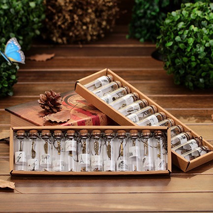 A set of 12 vintage wishing bottles, zodiac lucky bottles, small glass cork wish drifting bottles, creative home decor.