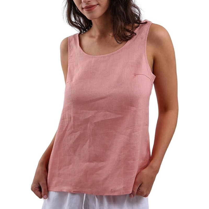 Women's Linen Vest Casual Summer Sleeveless Low round Neck Top_ecoleips.com