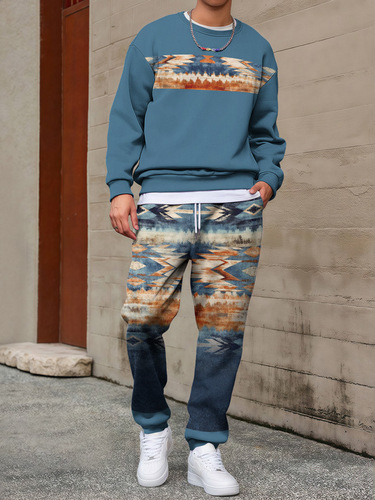 Hot bohemian style independent station cross-border men's fashion brand trend fashionable round collar long-sleeved sweater pants set