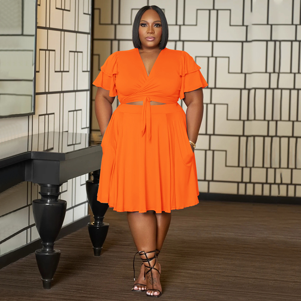 385g Weight Short Sleeve Sleeve Length Spandex Fabric Type Skirt Co-ord Set Sets Type 2 Pieces Set Quantity Daily Occasion V Neck Neckline Regular Fit Fit Type Solid Color Pattern Summer Season Pleated Design Casual Style Daily Casual Solid Color Spandex Pleated Skirt Co-ord Set Plus Size Two-piece Sets 14