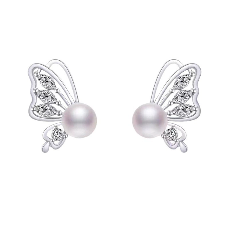 Earrings from pearl, zirconium, silver needle, Korean style, light luxury style, high-quality style, silver 925 sample, internet celebrity