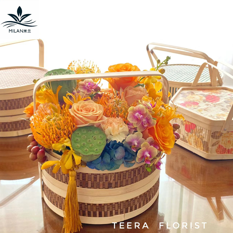 Festival del Medio Otoño pastel de luna nueva cesta de bambú de estilo chino de doble capa de tela de mano cestas de flores cestas de flores cestas de frutas