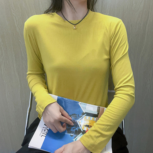 【】Round neck threaded long-sleeved warm inner layering shirt, versatile solid color women's autumn and winter round neck sweater