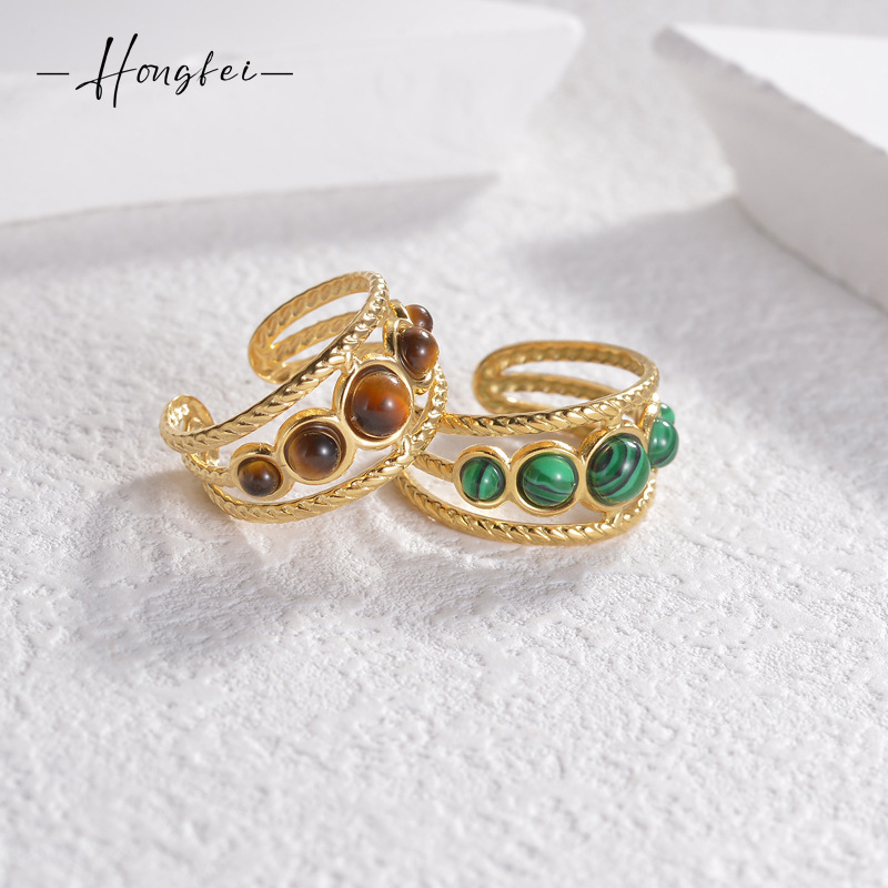 French retro titanium steel 18K gold natural stone opening adjustable ring INS niche design popular all-match jewelry French retro titanium steel 18K gold natural stone opening adjustable ring INS niche design popular all-match jewelry