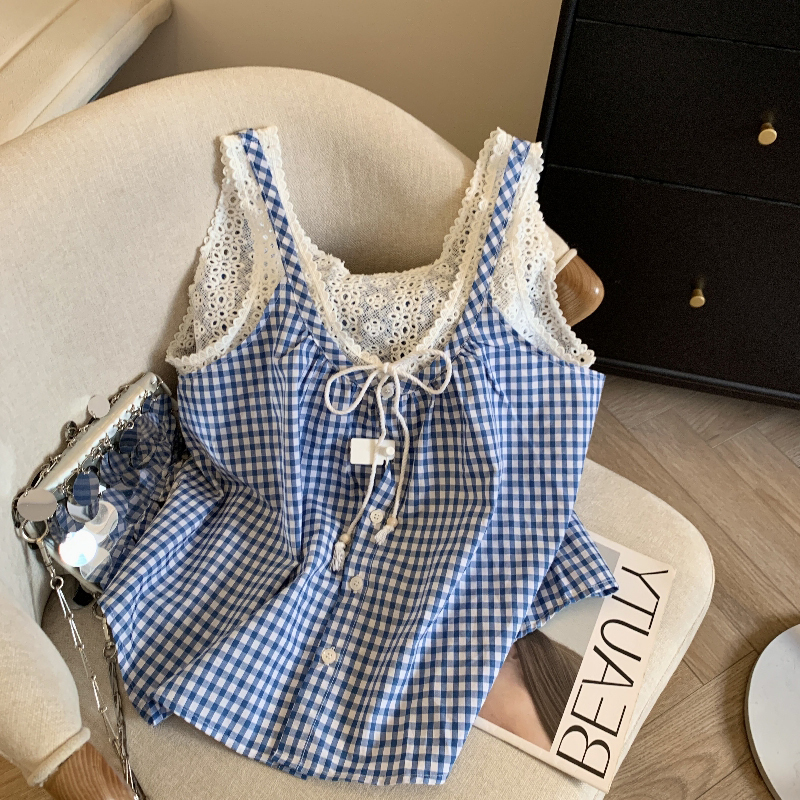 Fake Two-Piece Blue Plaid Camisole Women's Summer Sleeveless Dopamine Thai Outer Wear French Style Inner Doll Top