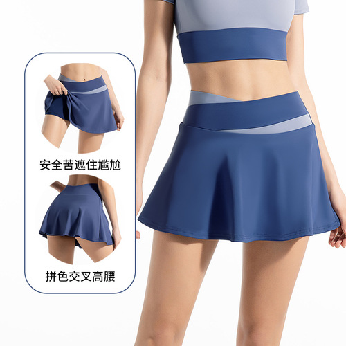 Short Plaid Stretch Bare Sensation False Two-Piece Sports Yoga Skirt for Women High-Waisted Tight Anti-Tease Quick-Dry Fitness Skirt