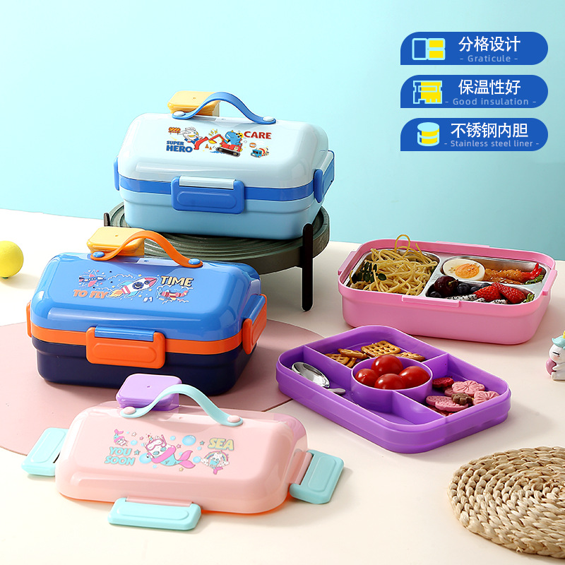 cross-border cartoon rectangular stainless steel lunch box large capacity double-layer sealed picnic bento box spaceman lunch box