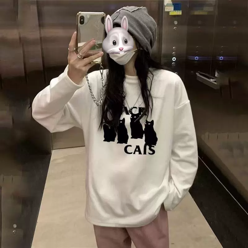 韩版慵懒bf猫咪印花长袖t恤女春秋2025新款宽松中长款百搭上衣潮