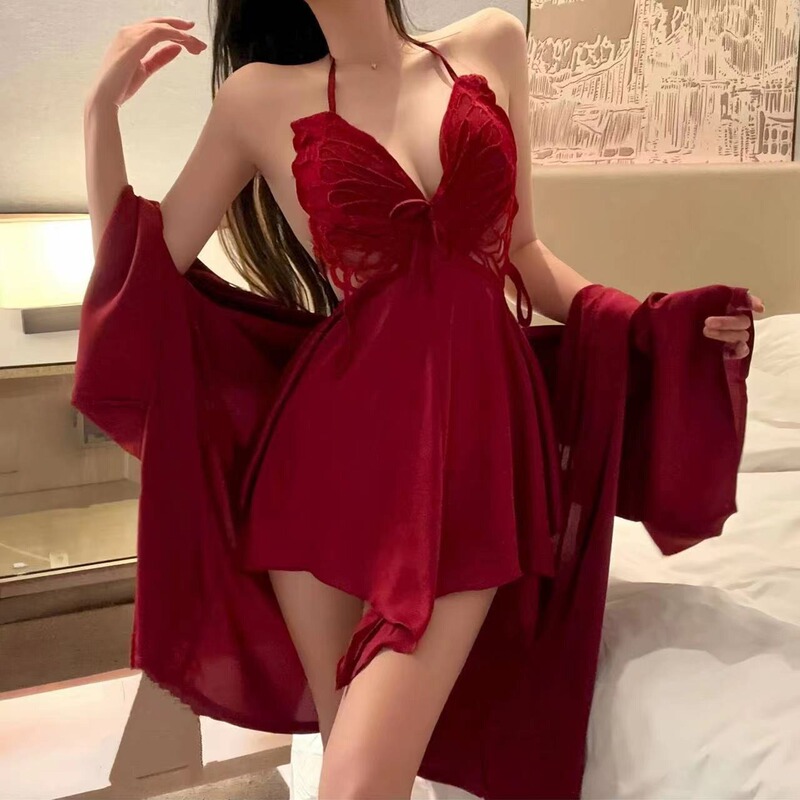 Tiktok popular new butterfly sleeveless ice silk nightdress outer robe sexy suit hollow beauty back halter sexy pajamas