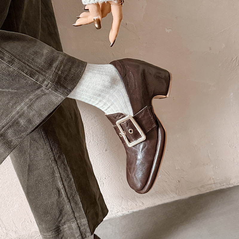 Giày cao gót nữ loafer da cừu gót vuông 7 cm — màu nâu