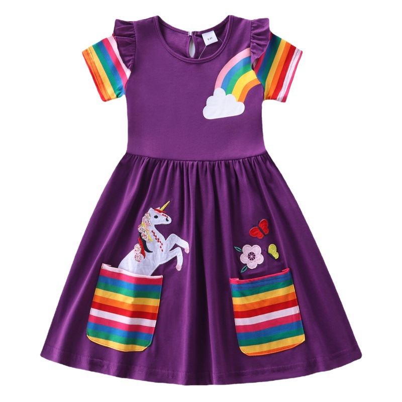 Estilo europeo y americano niñas manga corta vestido de unicornio verano nuevo bordado dos bolsillos Arco Iris manga S81035