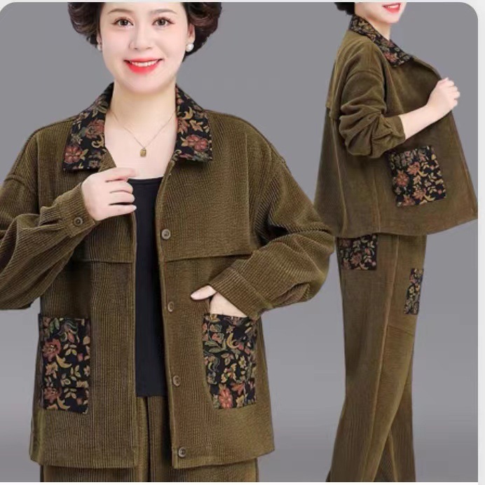 中年のお母さんの新しいスーツの洋風の中で高齢者の婦人服の春と秋の大きいサイズのゆったりしたコーデュロイの上着の2つのセット|undefined
