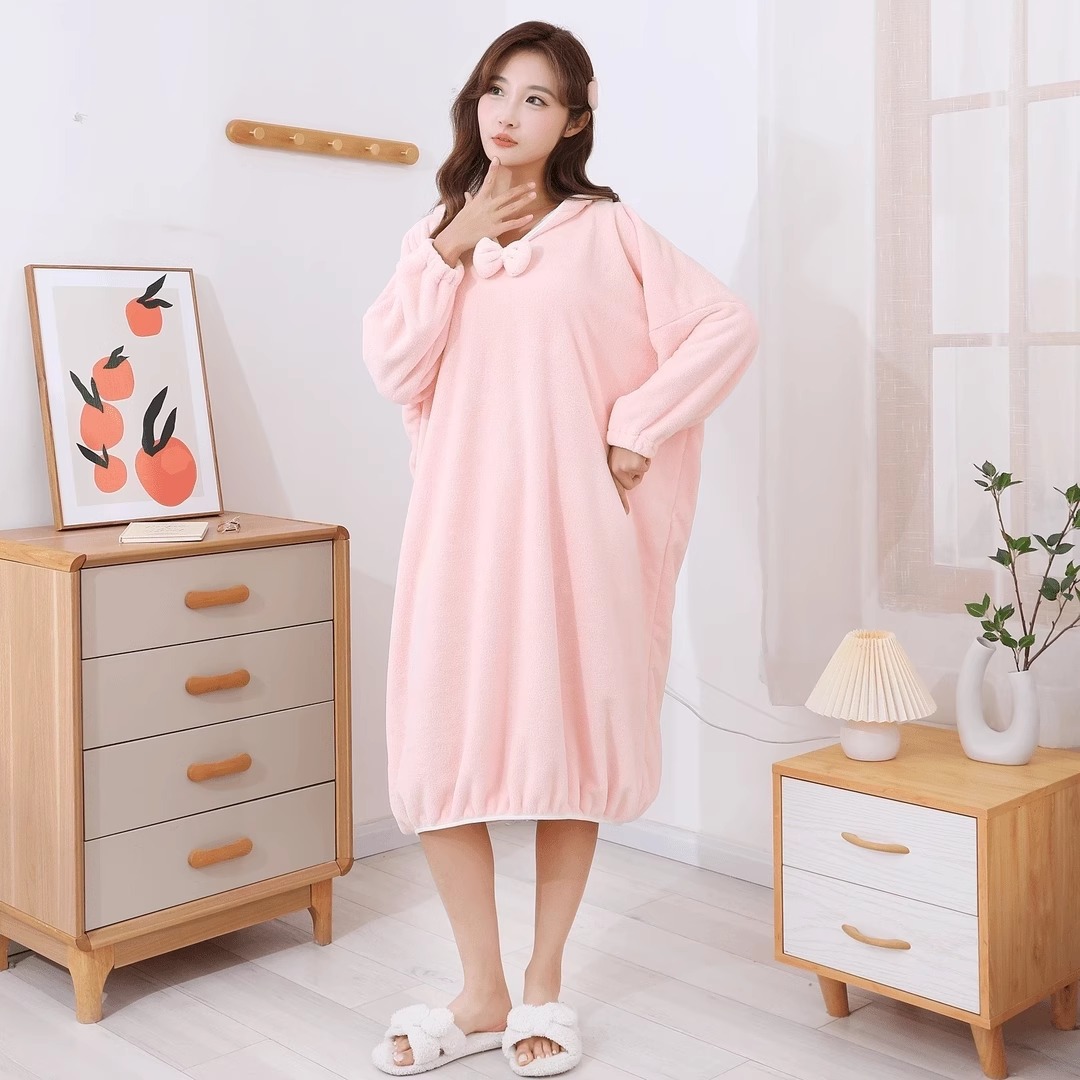 목욕 가운 가을 겨울 목욕 타월 여성 가정용 산호 양털 흡수 부드러운 빠른 건조 목욕 원피스 잠옷 후드 파자마 착용