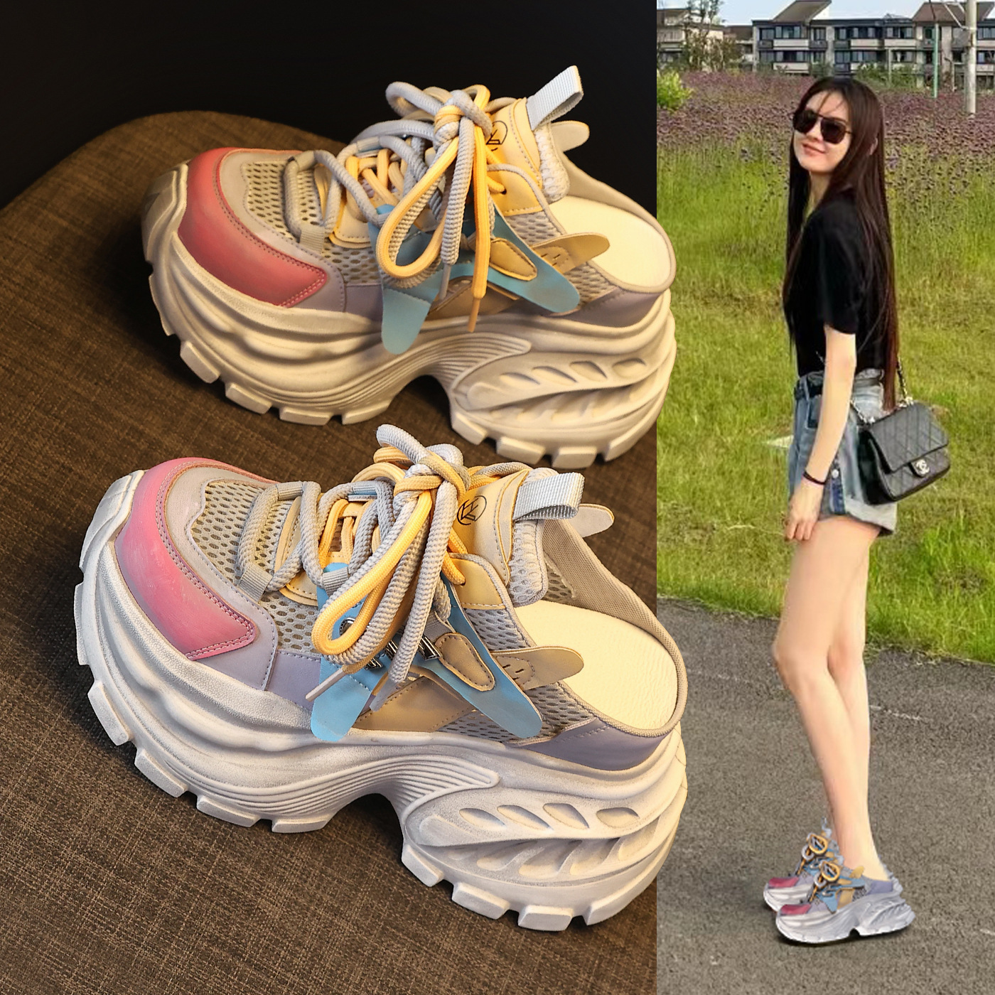 Giày sneaker nữ đế dày tăng chiều cao phong cách Hàn Quốc mùa hè 2026 — màu sắc, màu trắng