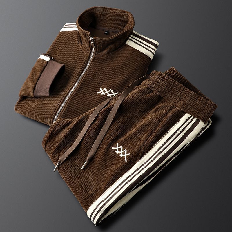 Spring and Autumn Men's New Fashion Casual Sports Two-Piece Set with Stand Collar Cardigan Jacket and Trendy Straight-Leg Pants Suit Spring and Autumn Men's New Fashion Casual Sports Two-Piece Set with Stand Collar Cardigan Jacket and Trendy Straight-Leg Pants Suit