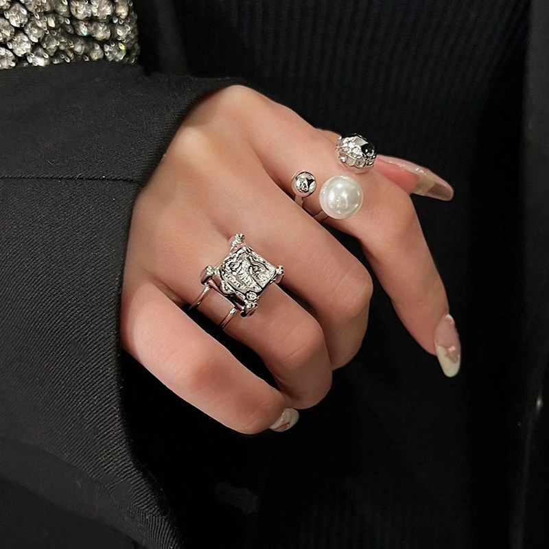 Retro Geometric Copper Inlay Artificial Pearls Open Ring 1 Piece