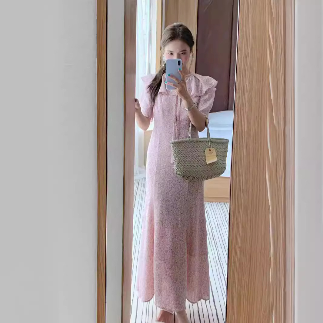 25年夏季新韩国荷叶领连衣裙法式系带显瘦碎花雪纺鱼尾长裙XL-516