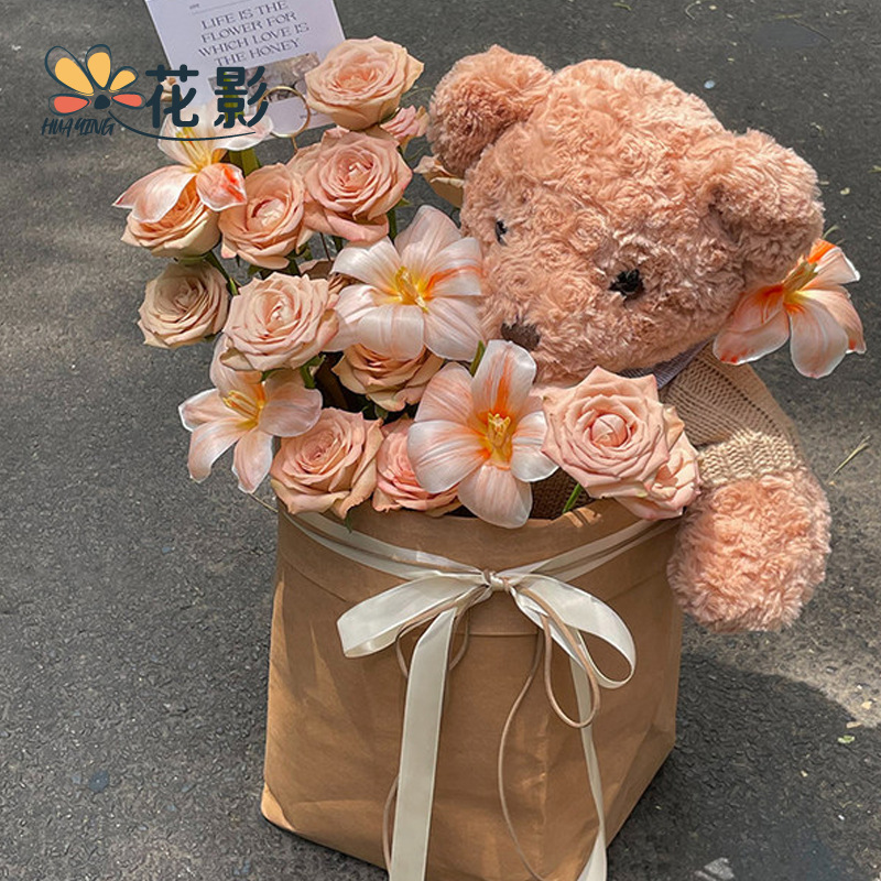 新款秋冬板栗生日熊花籃套裝包裝材料鮮花DIY材料花藝禮品籃子