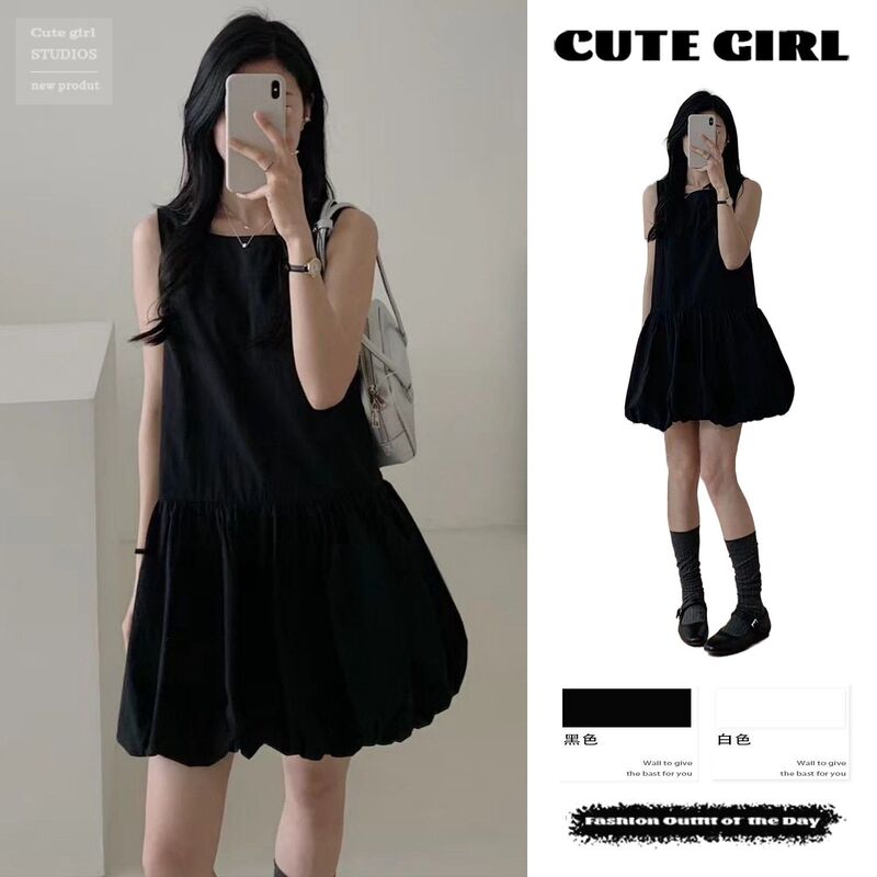 Flower Bud Sleeveless dress Women's 2025 Korean Style Instagram Style Hepburn Small Black Dress Loose Slimming Vest A- line Short Dress