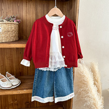 女童毛衣开衫外套+蕾丝上衣+牛仔直筒裤新三件套秋季长袖女宝宝