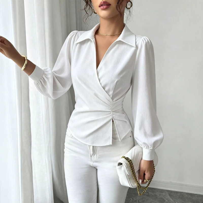 2026 New European and American Amazon Cross-Border French Style Shirt with V-Neck, Cross-Wrap, Waist-Cinching, and Tie-Strap Design 2026 New European and American Amazon Cross-Border French Style Shirt with V-Neck, Cross-Wrap, Waist-Cinching, and Tie-Strap Design