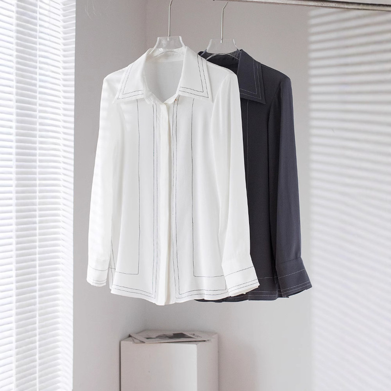 Casual Heavy Silk Shirt with Long Sleeves and Lapel Collar