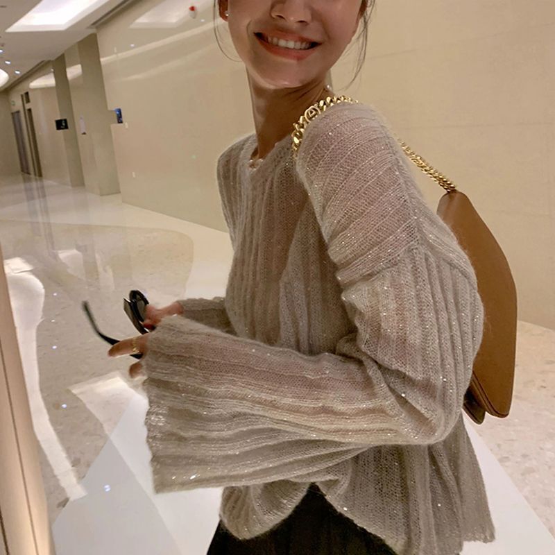 Summer Hollow-Out Knitted Sweater with Sequin Base Layer, Versatile Flared Sleeve Top for Women, Early Spring Stylish Top Summer Hollow-Out Knitted Sweater with Sequin Base Layer, Versatile Flared Sleeve Top for Women, Early Spring Stylish Top