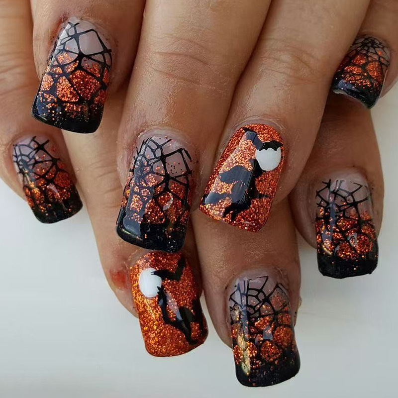 Halloween Short Square Black Orange Sparkling Witch Screaming Cat Spider Web Design Horror Style Fake Nails Wearable Nails