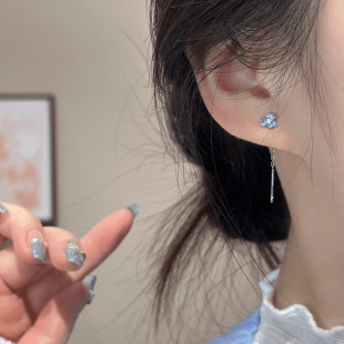 Blue Iris Ear Line Women's 2025 New Explosions Niche Design Sense Advanced Three-leaf Flower Elegant Earrings