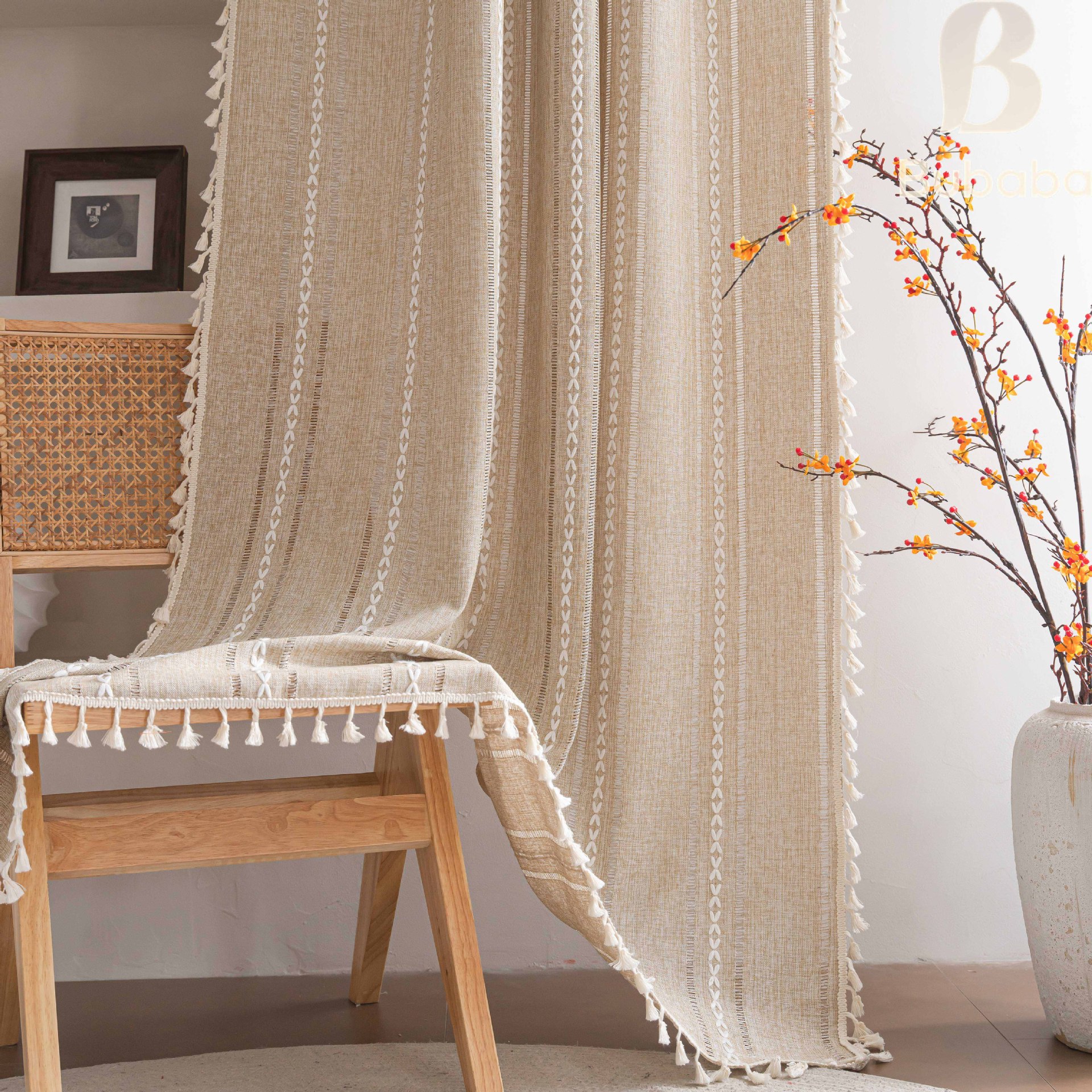 Cortinas rústicas de rayas bordadas para salón y dormitorio_voghion.com