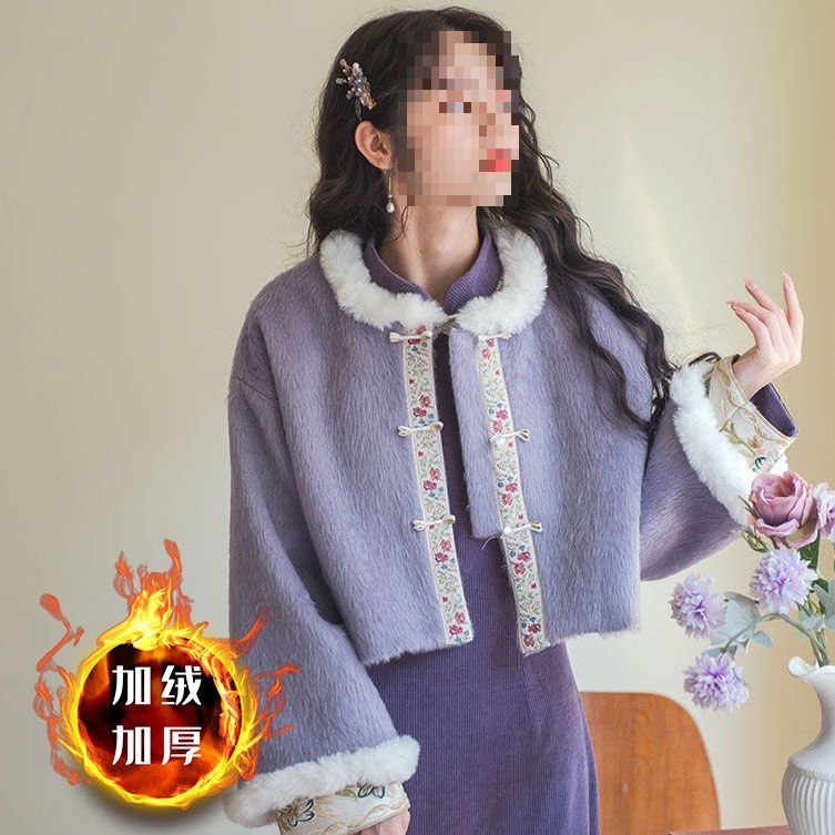 加绒加厚【月舒】国风少女感短款长袖毛呢外套女旗袍裙新中式套装