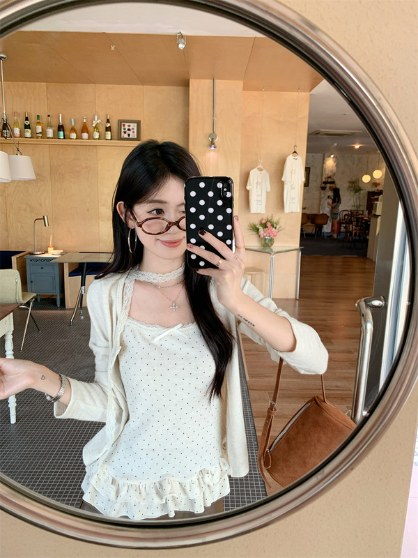 韩系甜美套装开衫短款小外套女秋季荷叶边飘带波点吊带背心两件套|undefined