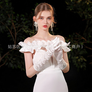 Bride High-grade Satin Gloves Mid-length Pearl Wedding Travel Photo Wedding Accessories Performance Dress Decoration