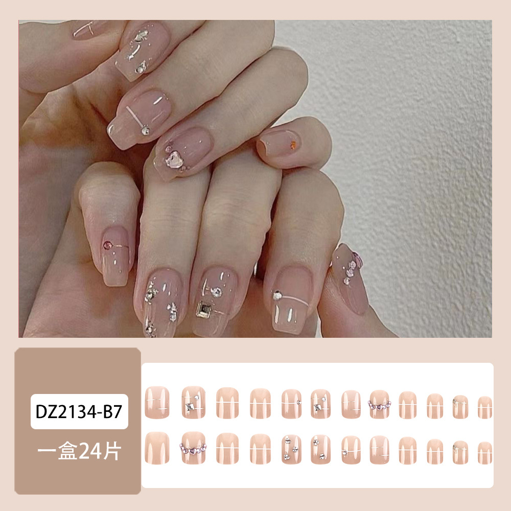 Punto de polvo desnudo perforación de uñas de cabeza cuadrada corta, elegante y simple, moda para usar uñas 24 piezas de parche de uñas terminado