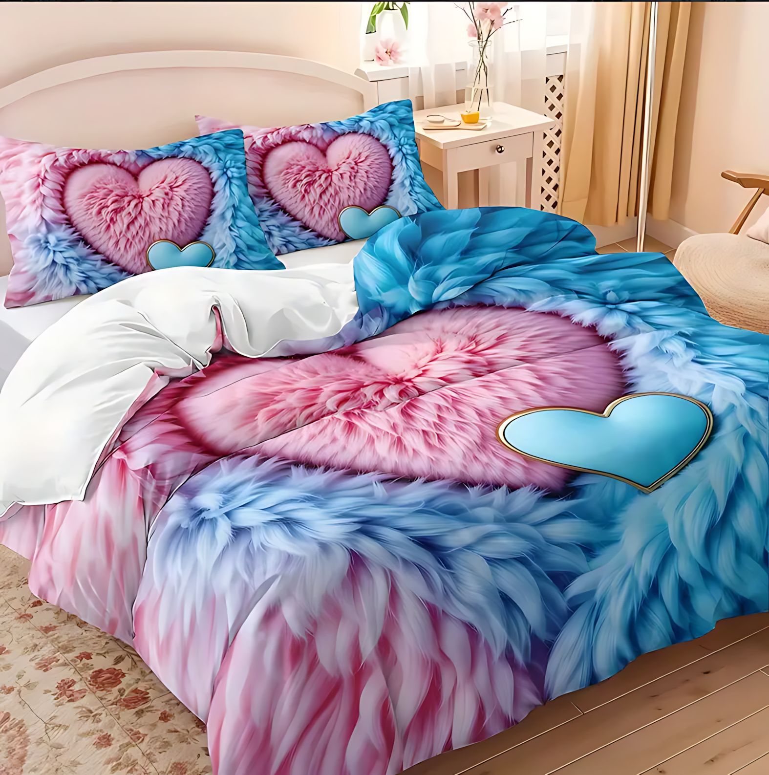 TEMU / JIT alas de amor plumas de impresión digital HD colcha de cama kit visita a casa transfronteriza