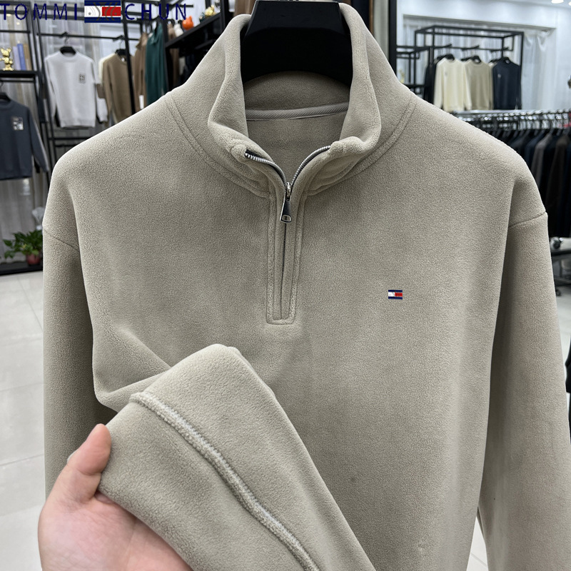 Authentic Tommy Solid Color Polar Fleece Sweatshirt Men's Winter Hand Fleece Warm Base Layer Shirt Men and Women Same Style Base Layer