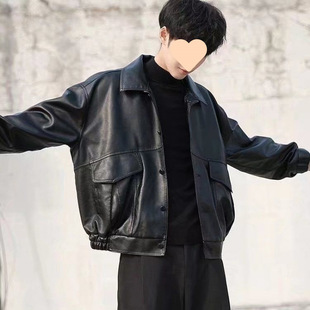Retro Youth Handsome Soft Leather Jacket Men's Loose Korean Style Lapel Motorcycle Jacket Pilot Leather Jacket Trendy