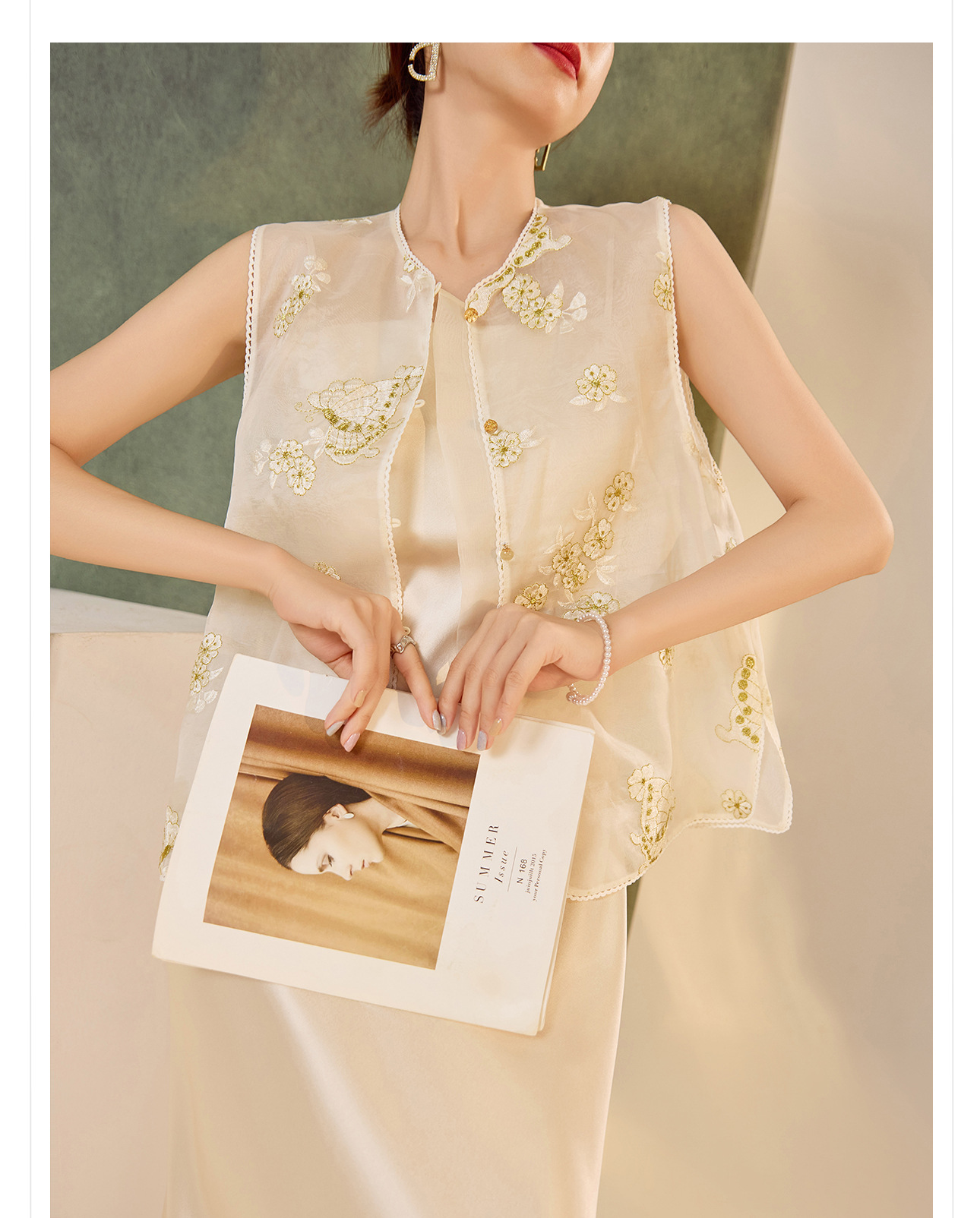 Áo vest lụa tơ tằm thêu bướm phong cách Trung Hoa mới mùa hè — Màu vàng sữa, Màu trắng be chi tiết 2