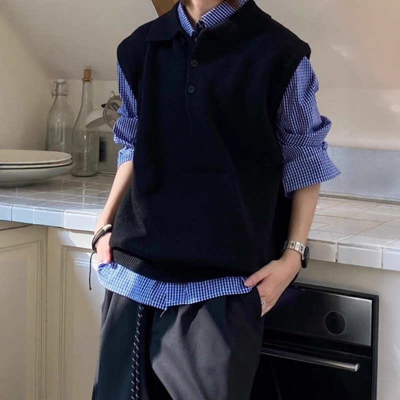 Black Polo Collar Sleeveless Knitted Vest Men's American Retro High-End Business Casual Waistcoat Sweater Vest Trendy