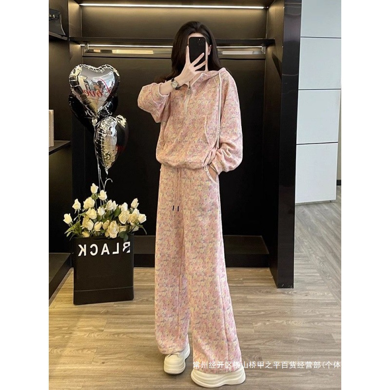 European Heavy Jacquard Casual Sports New Design Celebrity Slim Hooded Sweatshirt Wide-Leg Pants Two-Piece Set for Women