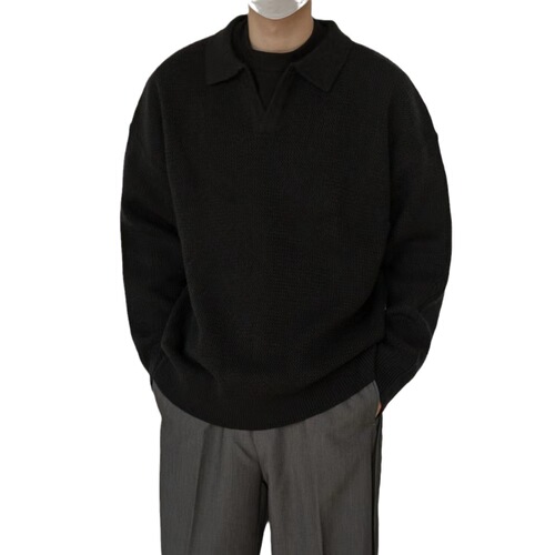 Vintage Collar Sweater Men's Thick V-Neck Lazy Polo Shirt Long-Sleeved Fashion Casual Loose Couple Knitted Underwear