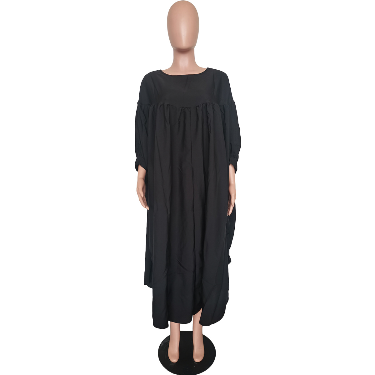 Women Clothing Autumn Winter Solid Color round Neck Loose Pleated Irregular Asymmetric Dress