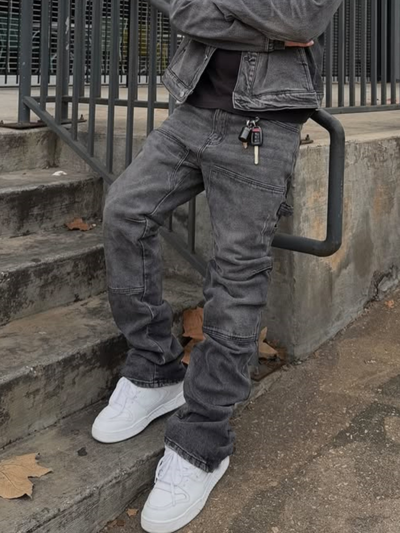 Men's Loose Fit Wide Leg Jeans Casual Ripped Hip Hop Style Stretch Flare Long Pants mid Waist Blue_mkmklike.com