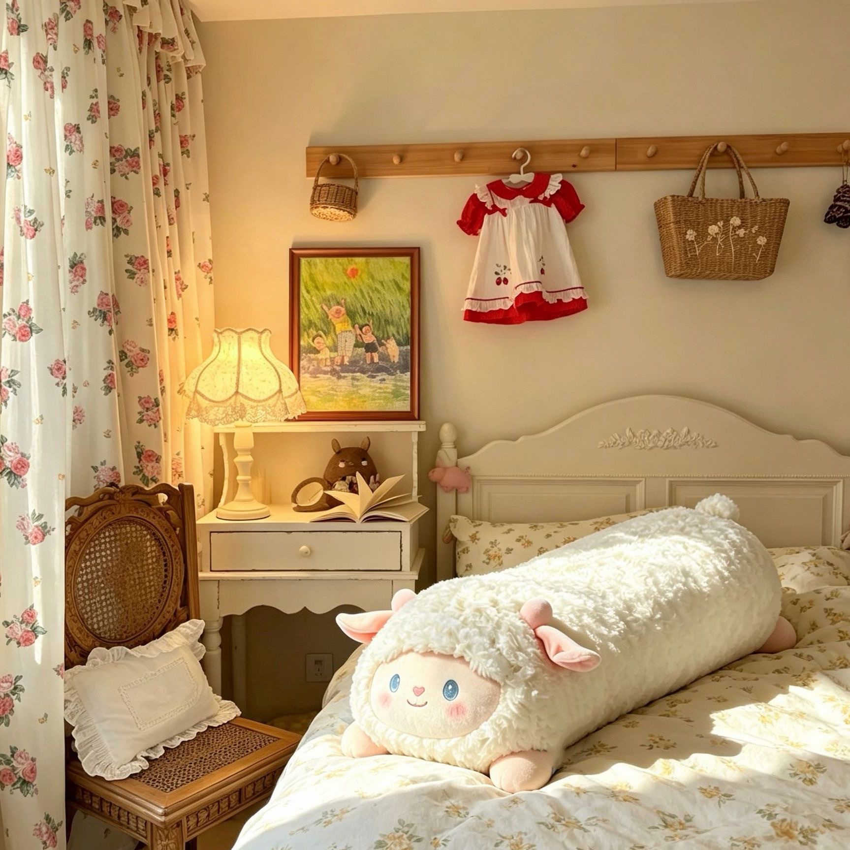 Cute fluffy little lamb long pillow plush toy for side sleeping, leg-hugging doll for bed and dormitory use