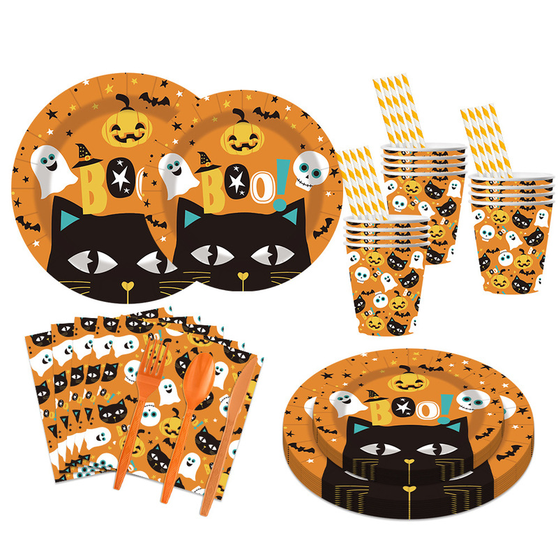 Cross-Border New Halloween Party Supplies Ghost Pumpkin Cat Theme Party Tableware Paper Plates Paper Cups Cutlery and Forks Wholesale Cross-Border New Halloween Party Supplies Ghost Pumpkin Cat Theme Party Tableware Paper Plates Paper Cups Cutlery and Forks Wholesale