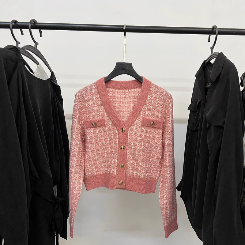 Last Order Cr French Style V-Neck Short Tweed Gentle Atmosphere Plaid Knit Cardigan Sweater Jacket