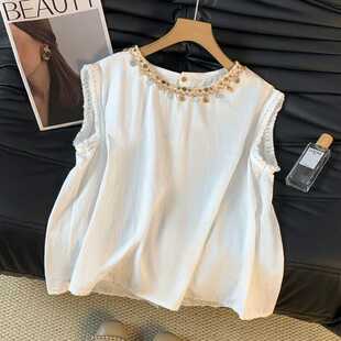 Real Shot of White Shell Beaded Linen Sleeveless Top for Women Summer New French Style Tassel Holiday Style Vest