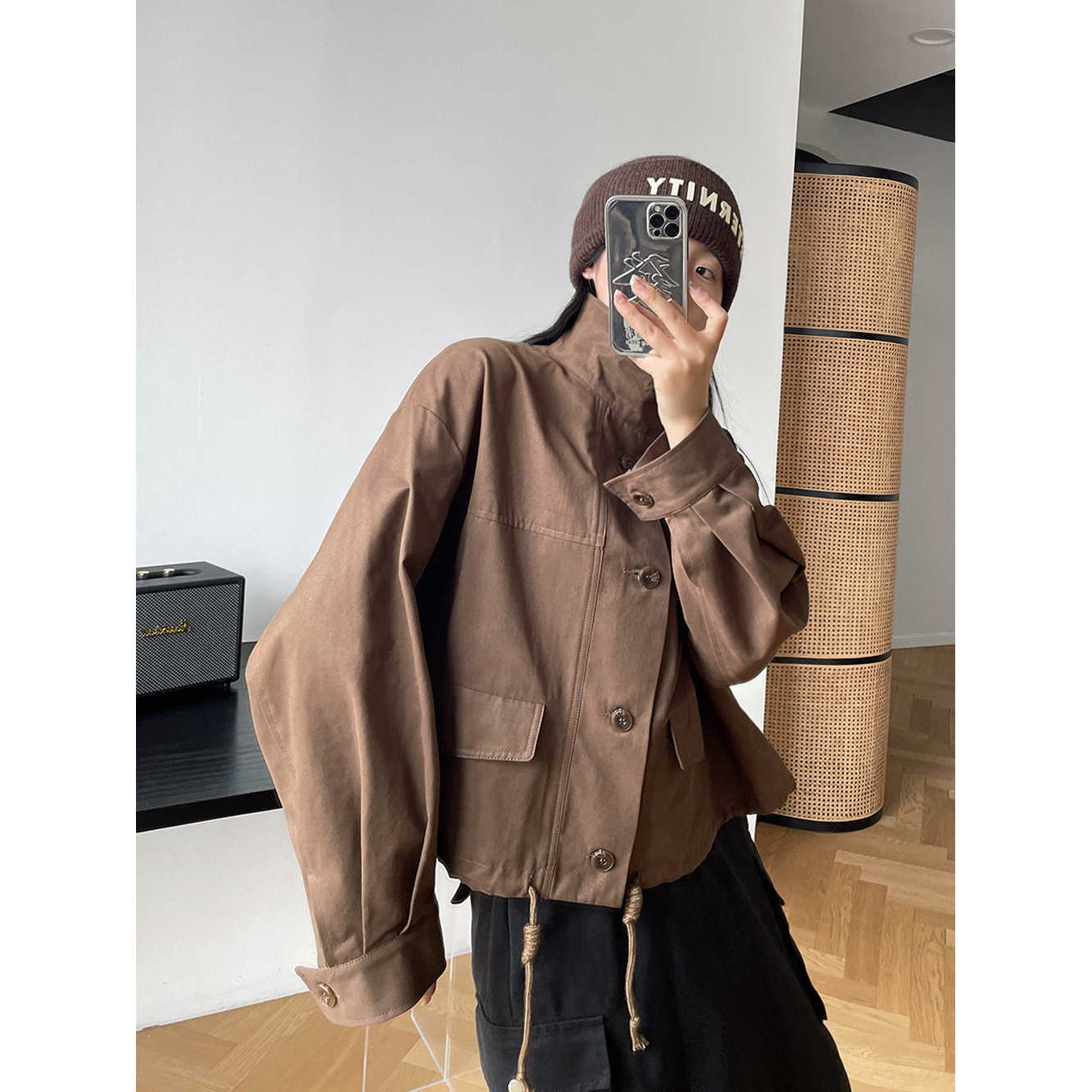 Casual retro washed baseball uniform for women 2024 spring new Korean style loose drawstring niche coat trendy 77018