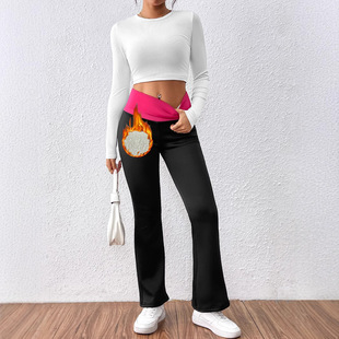 Cross-Border 2025 New Autumn and Winter Design High-Waisted Casual Slimming Flared Pants with Contrasting Waistband and Fleece Lining